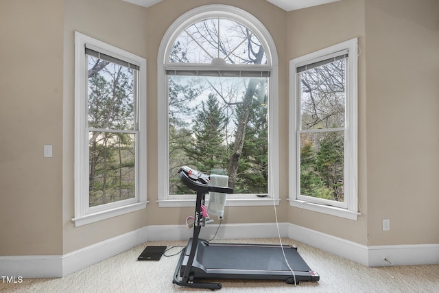 104 Sierra Dr, Chapel Hill, NC 27514 - workout room featuring carpet flooring, baseboards, and a healthy amount of sunlight
