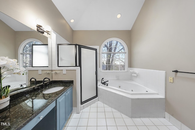 104 Sierra Dr, Chapel Hill, NC 27514 - full bathroom with a stall shower, a jetted tub, vanity, and a healthy amount of sunlight