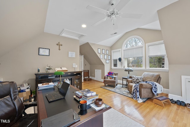 104 Sierra Dr, Chapel Hill, NC 27514 - office space with attic access, ceiling fan, lofted ceiling, baseboards, and wood finished floors
