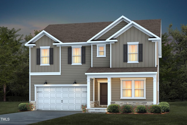 view of front facade featuring driveway, a garage, a shingled roof, stone siding, and board and batten siding