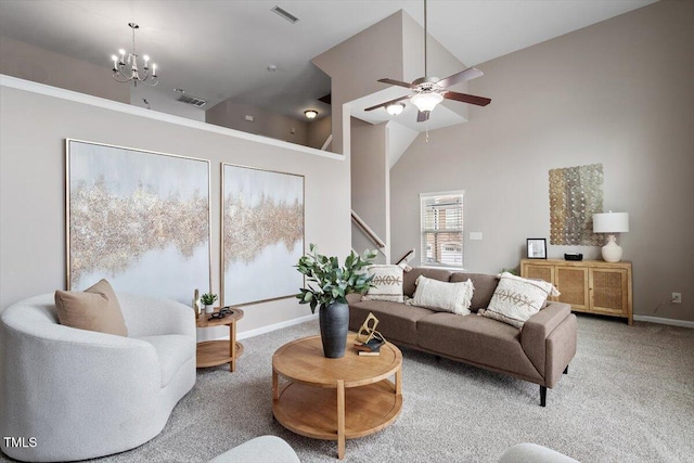 carpeted living area featuring visible vents, baseboards, and high vaulted ceiling