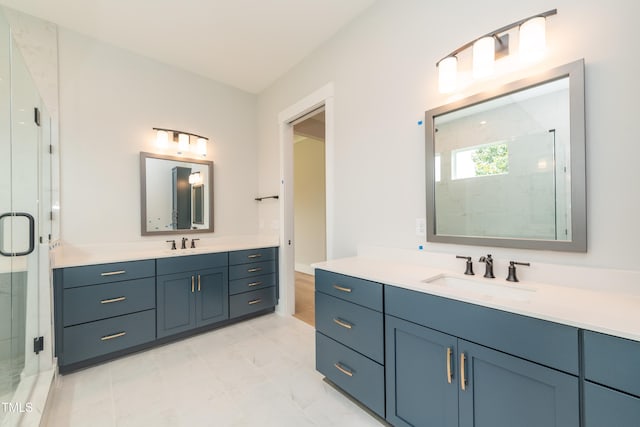 bathroom with two vanities, a sink, and a shower stall