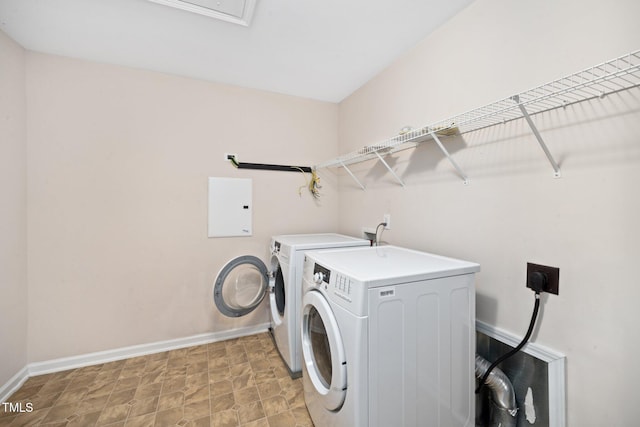 washroom featuring laundry area, electric panel, baseboards, and independent washer and dryer