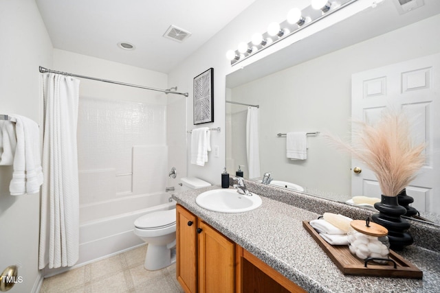 bathroom with toilet, shower / tub combo, vanity, and visible vents