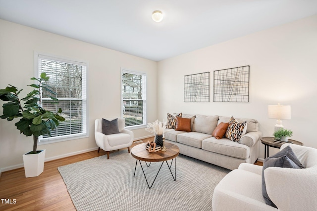 living area featuring baseboards and wood finished floors