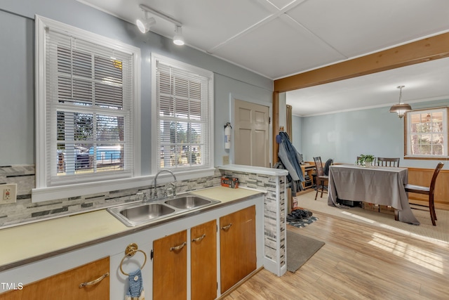 kitchen with light countertops, light wood-type flooring, a sink, and a healthy amount of sunlight