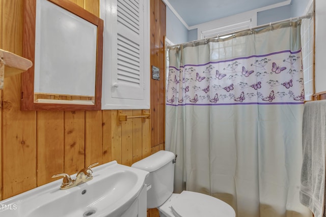 full bath featuring a sink, wood walls, and toilet