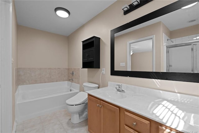 bathroom with toilet, a garden tub, tile patterned flooring, vanity, and a shower stall