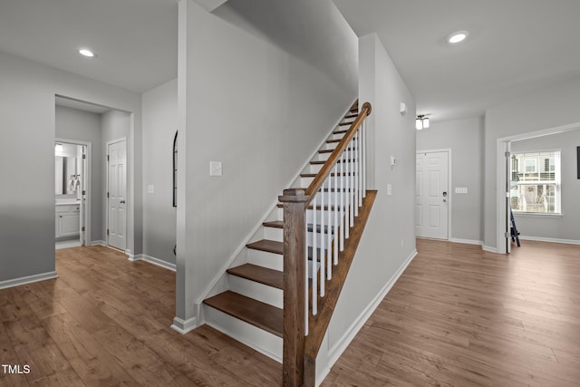 350 Arlie Ln, Lillington, NC 27546 - stairway with wood finished floors, recessed lighting, and baseboards