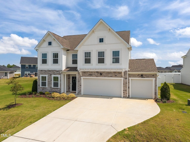 350 Arlie Ln, Lillington, NC 27546 - view of front facade featuring board and batten siding, stone siding, concrete driveway, roof with shingles, and an attached garage