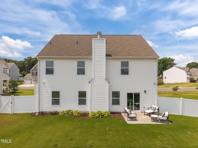 350 Arlie Ln, Lillington, NC 27546 - rear view of property with outdoor lounge area, a patio, a chimney, and a shingled roof