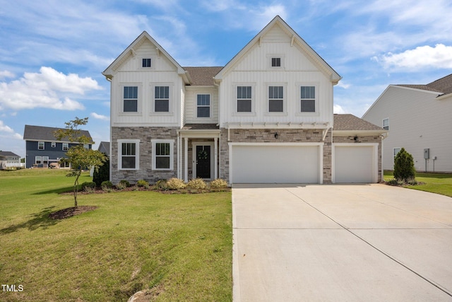 350 Arlie Ln, Lillington, NC 27546 - view of front of property with stone siding, board and batten siding, driveway, a front lawn, and an attached garage