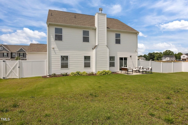 350 Arlie Ln, Lillington, NC 27546 - rear view of house featuring a patio area, a gate, a chimney, and roof with shingles