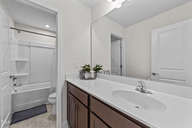 full bathroom with toilet, tile patterned flooring,  shower combination, and vanity