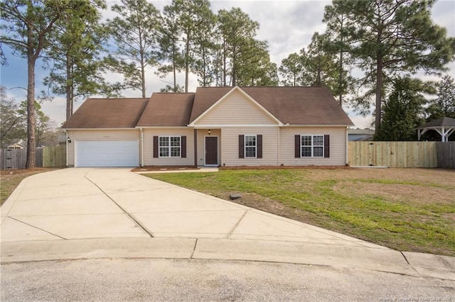 ranch-style house with a garage, a front yard, fence, and driveway