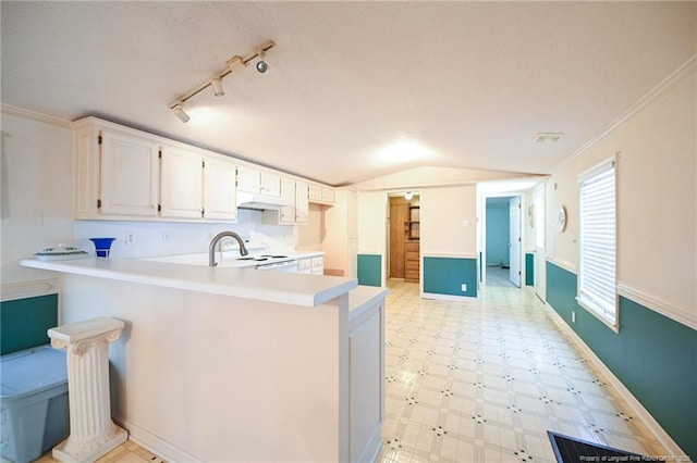 kitchen with lofted ceiling, stove, a peninsula, under cabinet range hood, and light floors