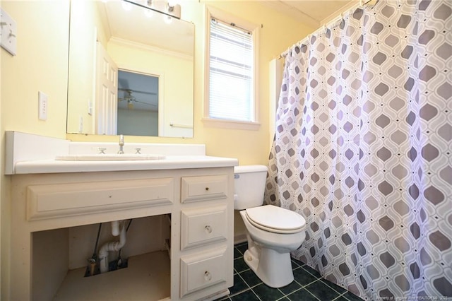 bathroom with tile patterned flooring, toilet, a shower with shower curtain, vanity, and crown molding