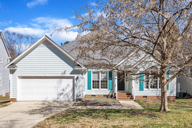 view of front facade with a garage, driveway, crawl space, roof with shingles, and a front lawn