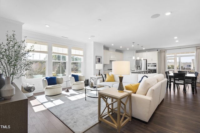 living area with ornamental molding, recessed lighting, a healthy amount of sunlight, and dark wood finished floors