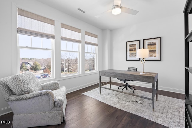 home office featuring a healthy amount of sunlight, visible vents, baseboards, and dark wood-style flooring