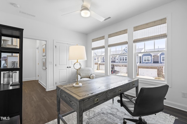 office featuring dark wood-style floors, ceiling fan, visible vents, and baseboards