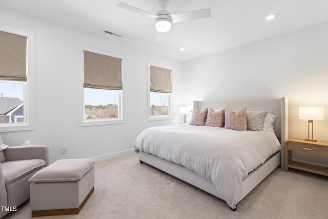 bedroom with light carpet, baseboards, visible vents, a ceiling fan, and recessed lighting