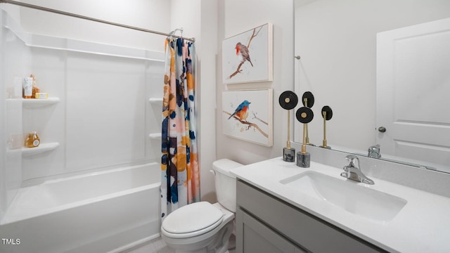 full bath featuring vanity, toilet, and shower / bathtub combination with curtain