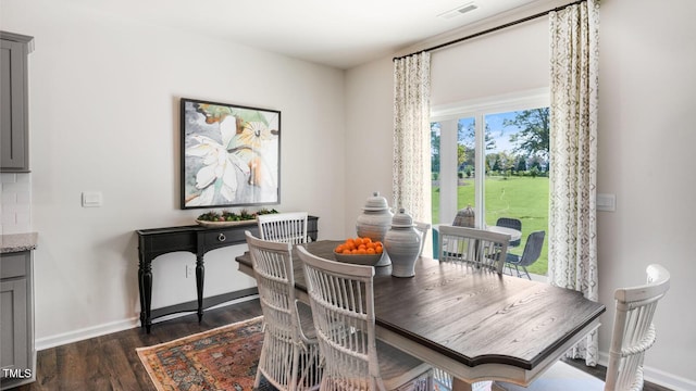 dining room with dark wood-style floors, visible vents, and baseboards