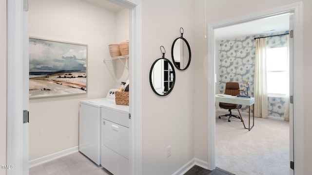 washroom with light carpet, laundry area, wallpapered walls, baseboards, and washer and dryer