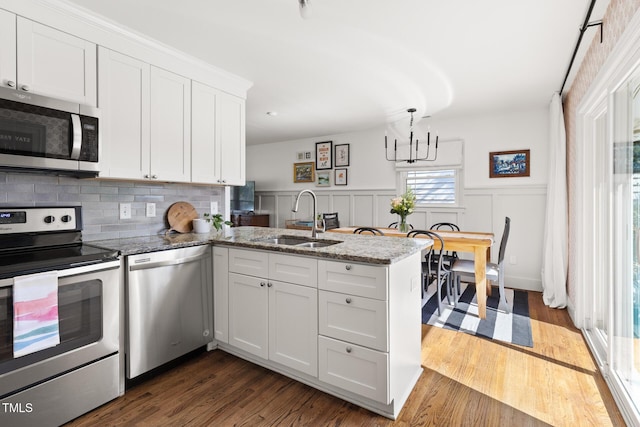 kitchen with wainscoting, appliances with stainless steel finishes, a peninsula, white cabinetry, and a sink