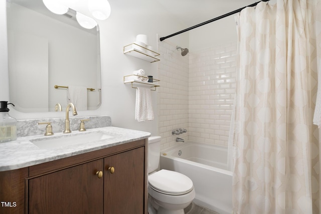 full bathroom featuring shower / bathtub combination with curtain, toilet, and vanity