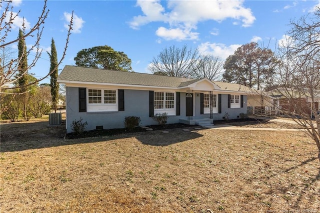 ranch-style home featuring crawl space, a front lawn, and central air condition unit