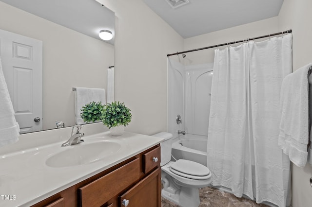 bathroom with toilet, vanity, shower / bath combo with shower curtain, and visible vents