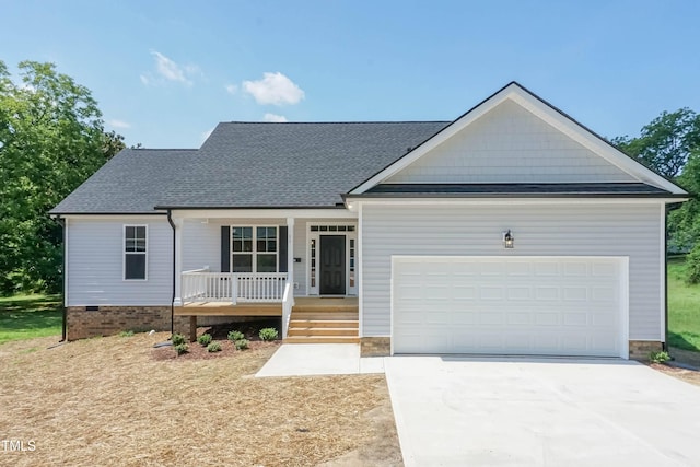 ranch-style home with concrete driveway, roof with shingles, an attached garage, crawl space, and a porch