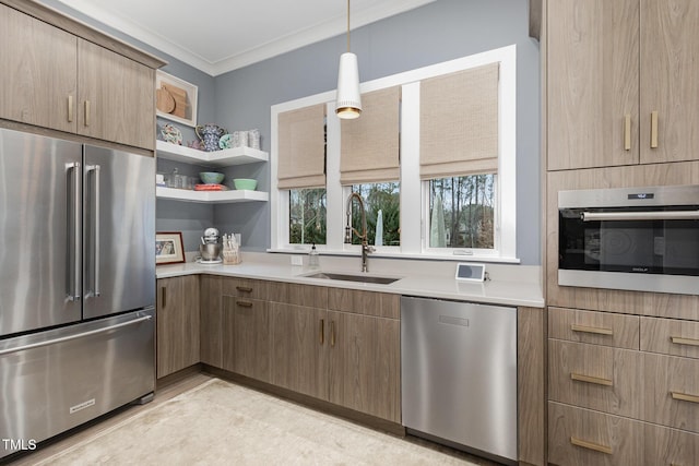 kitchen with crown molding, open shelves, light countertops, appliances with stainless steel finishes, and a sink