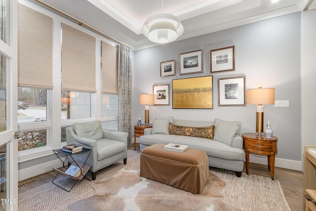 living area featuring visible vents, a tray ceiling, light wood-style flooring, and baseboards