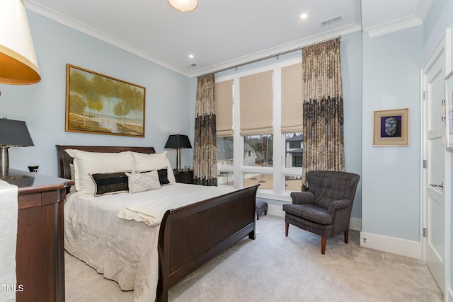 bedroom featuring light carpet, baseboards, visible vents, and crown molding