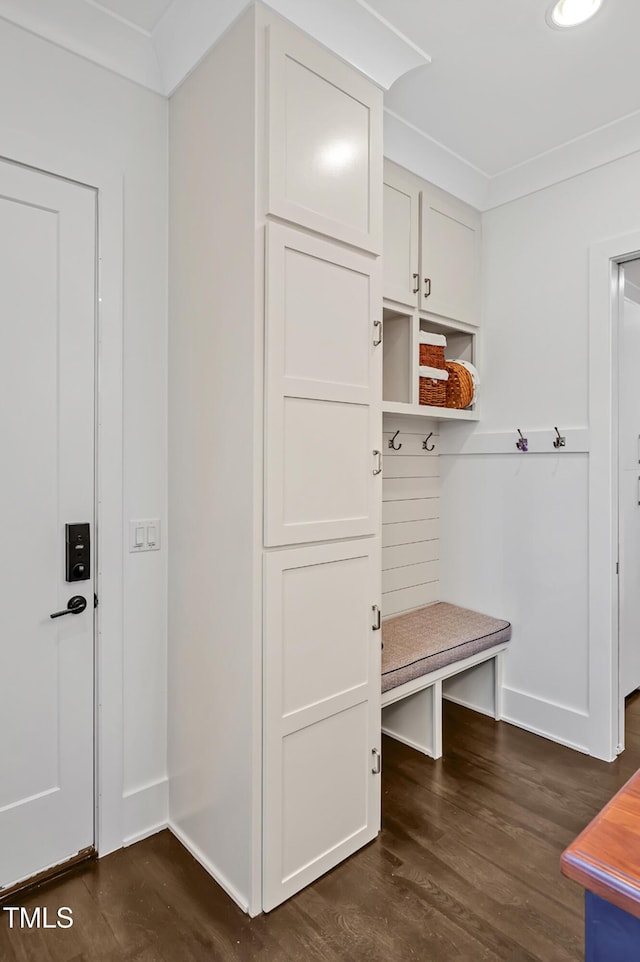 mudroom with dark wood-type flooring, crown molding, and baseboards