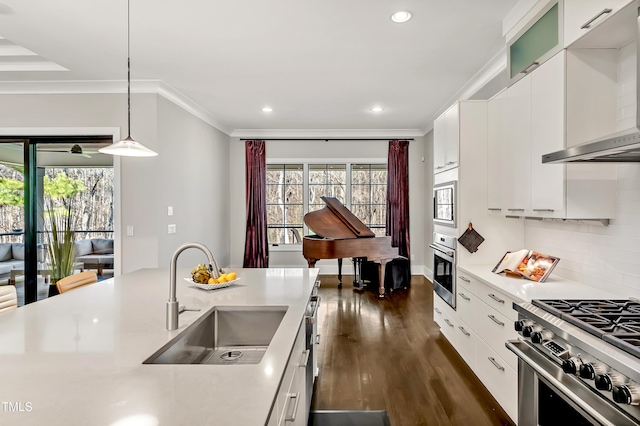 kitchen featuring crown molding, light countertops, decorative backsplash, appliances with stainless steel finishes, and a sink