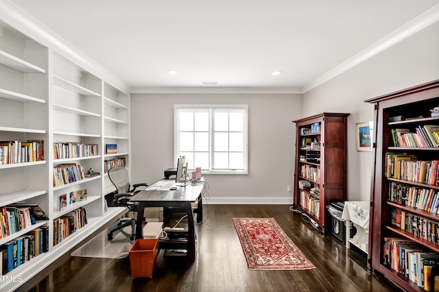 office space with recessed lighting, wood finished floors, visible vents, baseboards, and crown molding