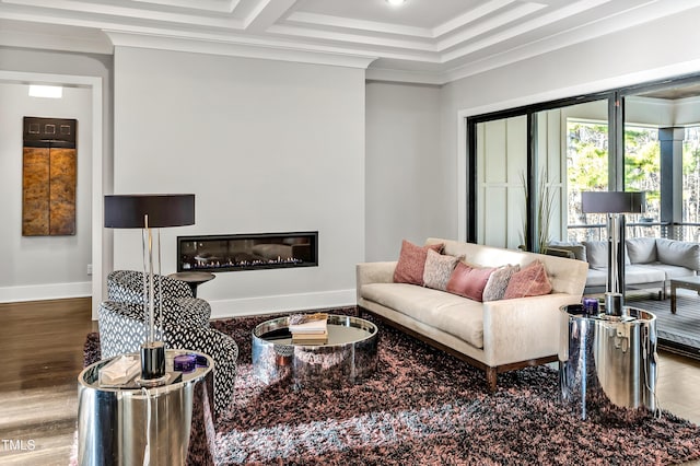 living area with wood finished floors, ornamental molding, a glass covered fireplace, and baseboards