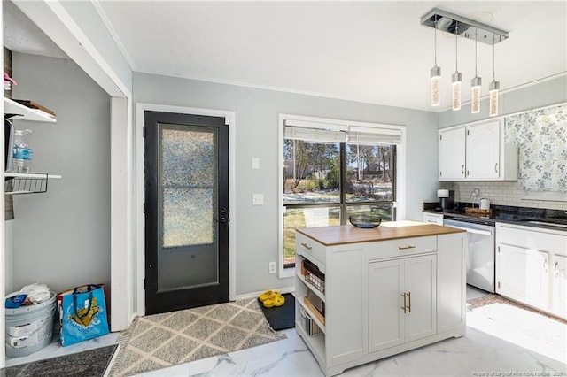 kitchen with marble finish floor, stainless steel dishwasher, open shelves, and white cabinetry