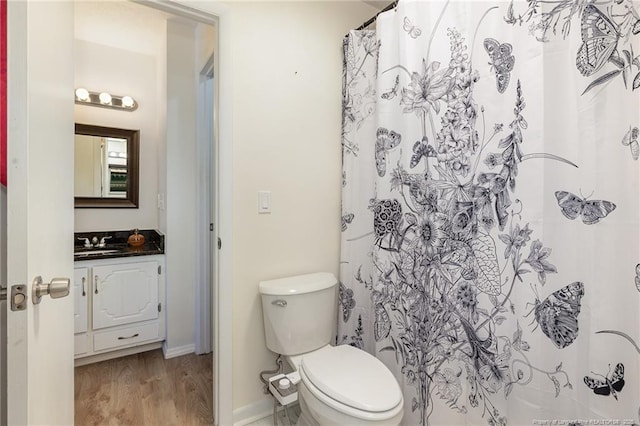 bathroom with toilet, a shower with curtain, wood finished floors, and vanity