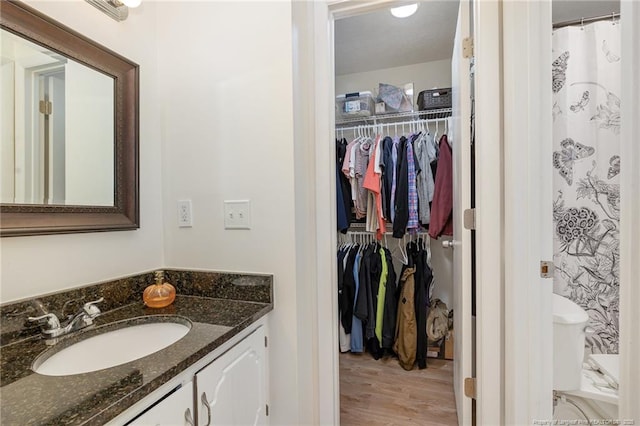 full bath with a spacious closet, wood finished floors, and vanity