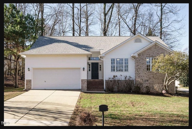 ranch-style house featuring an attached garage, brick siding, a shingled roof, concrete driveway, and a front lawn