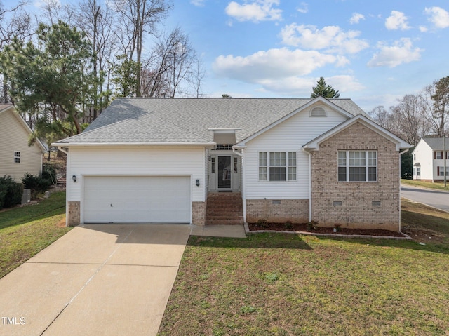 ranch-style home with a shingled roof, a front yard, crawl space, a garage, and driveway