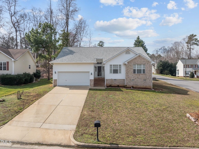 ranch-style home featuring brick siding, a front yard, crawl space, a garage, and driveway