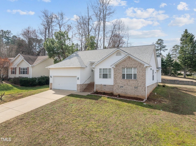 ranch-style home with crawl space, a garage, concrete driveway, and a front yard