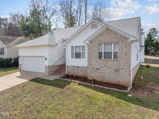 ranch-style home featuring a garage, driveway, crawl space, roof with shingles, and a front yard