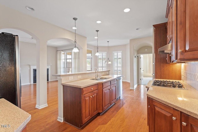 kitchen with under cabinet range hood, stainless steel appliances, a sink, light wood-style floors, and backsplash